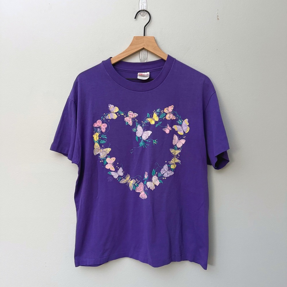 Vintage Purple Butterfly Heart T-Shirt Large Single Stitch Cottagecore Grandma